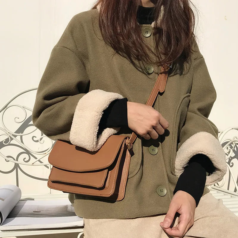 Brown Mini Square Bag Cover Envelope Shoulder Bags For Women Leather Handbags