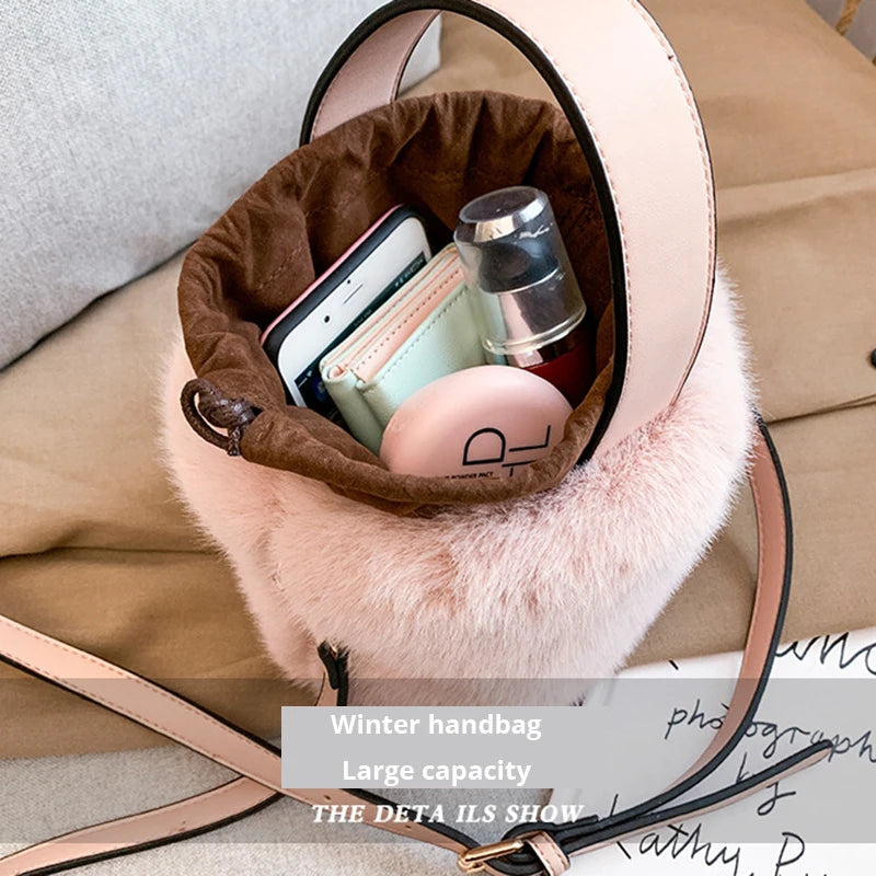 Faux Fur Shoulder Crossbody Bag Plush Handbag Winter Bucket Bag