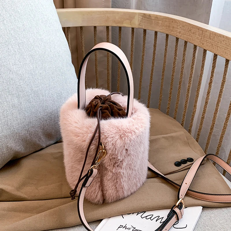 Faux Fur Shoulder Crossbody Bag Plush Handbag Winter Bucket Bag