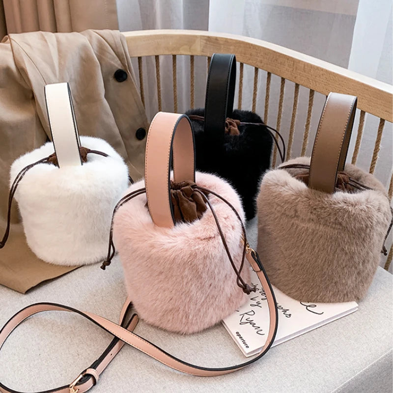 Faux Fur Winter Bucket Bag Handbag Women Shoulder Crossbody Bag