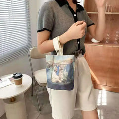 Oil Painting Canvas European Ins Bucket Handbag for Women