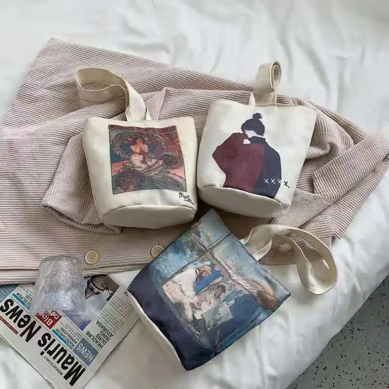 Oil Painting Canvas European Ins Bucket Handbag for Women