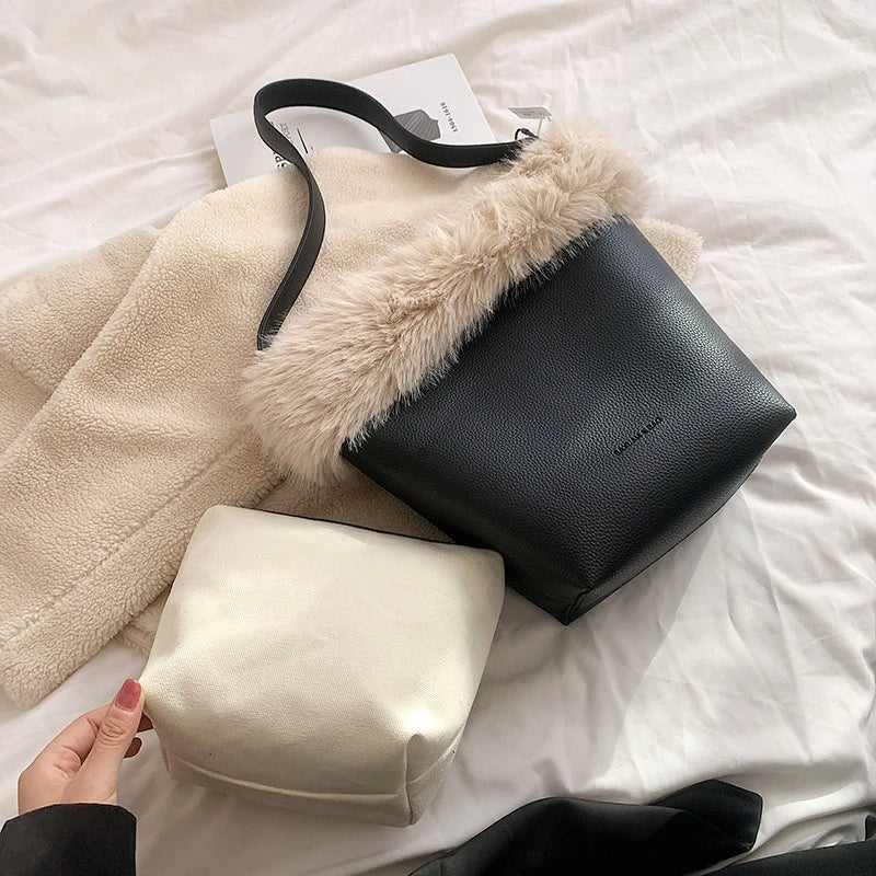 Winter Vintage Bucket Shoulder Bags for Women PU Faux Fur 2pcs/set Handbags