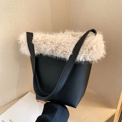 Winter Vintage Bucket Shoulder Bags for Women PU Faux Fur 2pcs/set Handbags