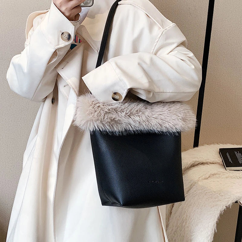 Winter Vintage Bucket Shoulder Bags for Women PU Faux Fur 2pcs/set Handbags