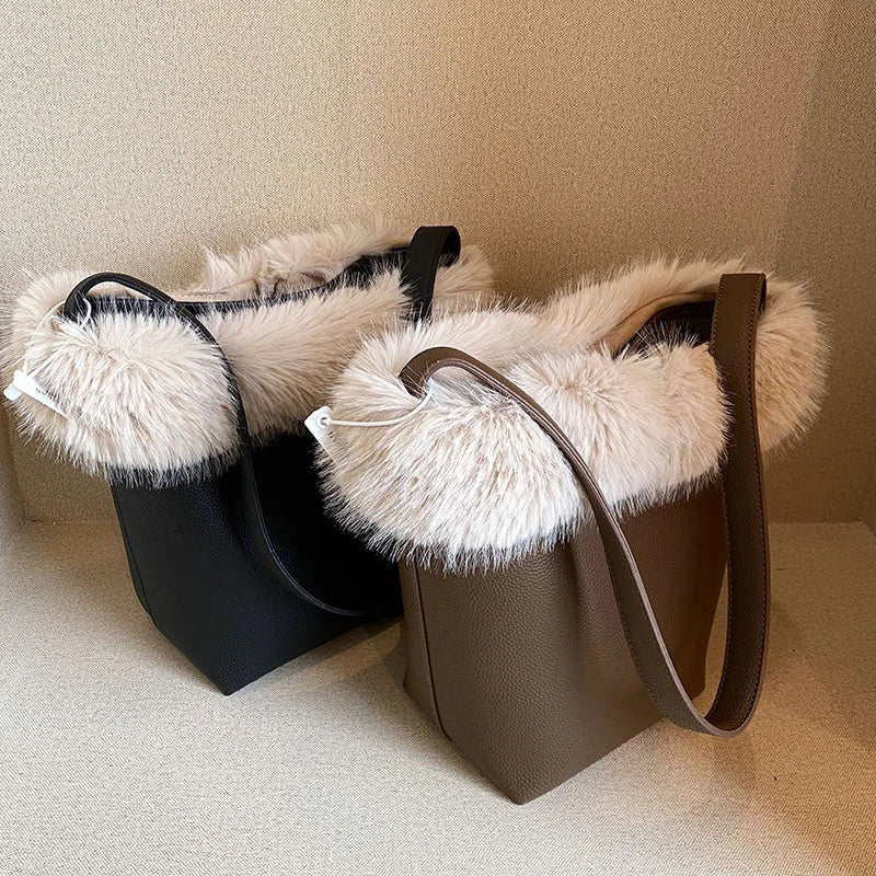 Winter Vintage Bucket Shoulder Bags for Women PU Faux Fur 2pcs/set Handbags