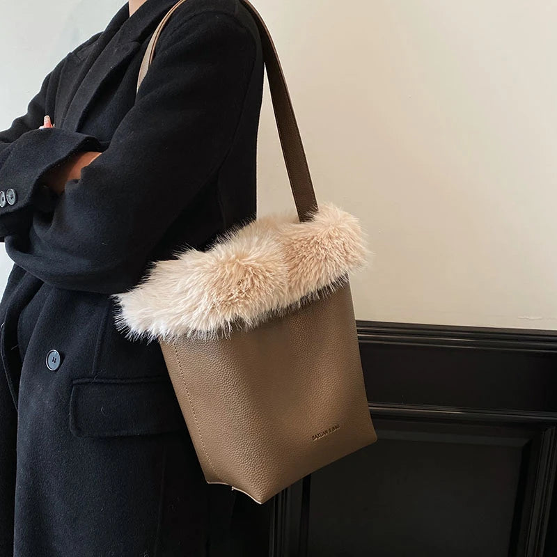 Winter Vintage Bucket Shoulder Bags for Women PU Faux Fur 2pcs/set Handbags