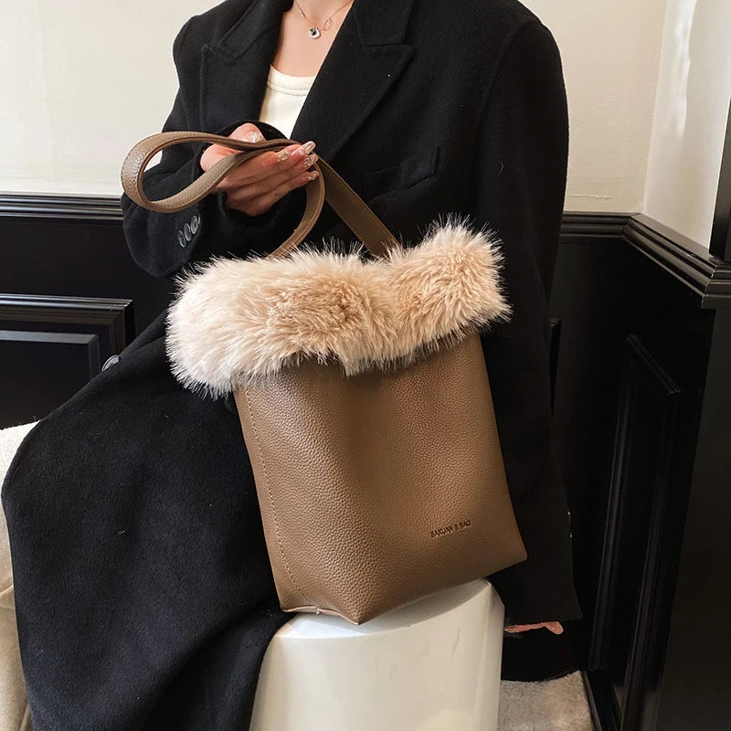 Winter Vintage Bucket Shoulder Bags for Women PU Faux Fur 2pcs/set Handbags