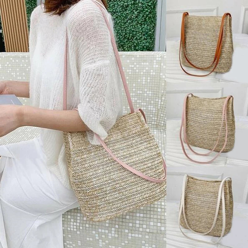 Vintage Woven Straw Beach Bag Bohemian Tote Shoulder Handbag