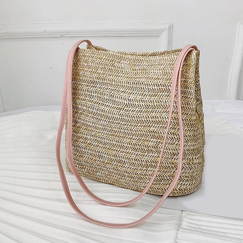Vintage Woven Straw Beach Bag Bohemian Tote Shoulder Handbag