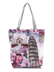 Leaning Tower of Pisa Floral Shoulder Bag - Eco Reusable Tote