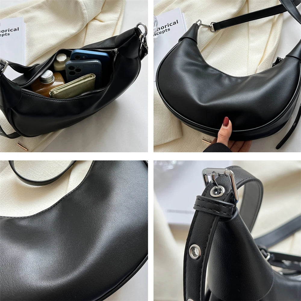 Half Moon Small Shoulder Crossbody Bags For Women PU Leather Soft Hobo Purse