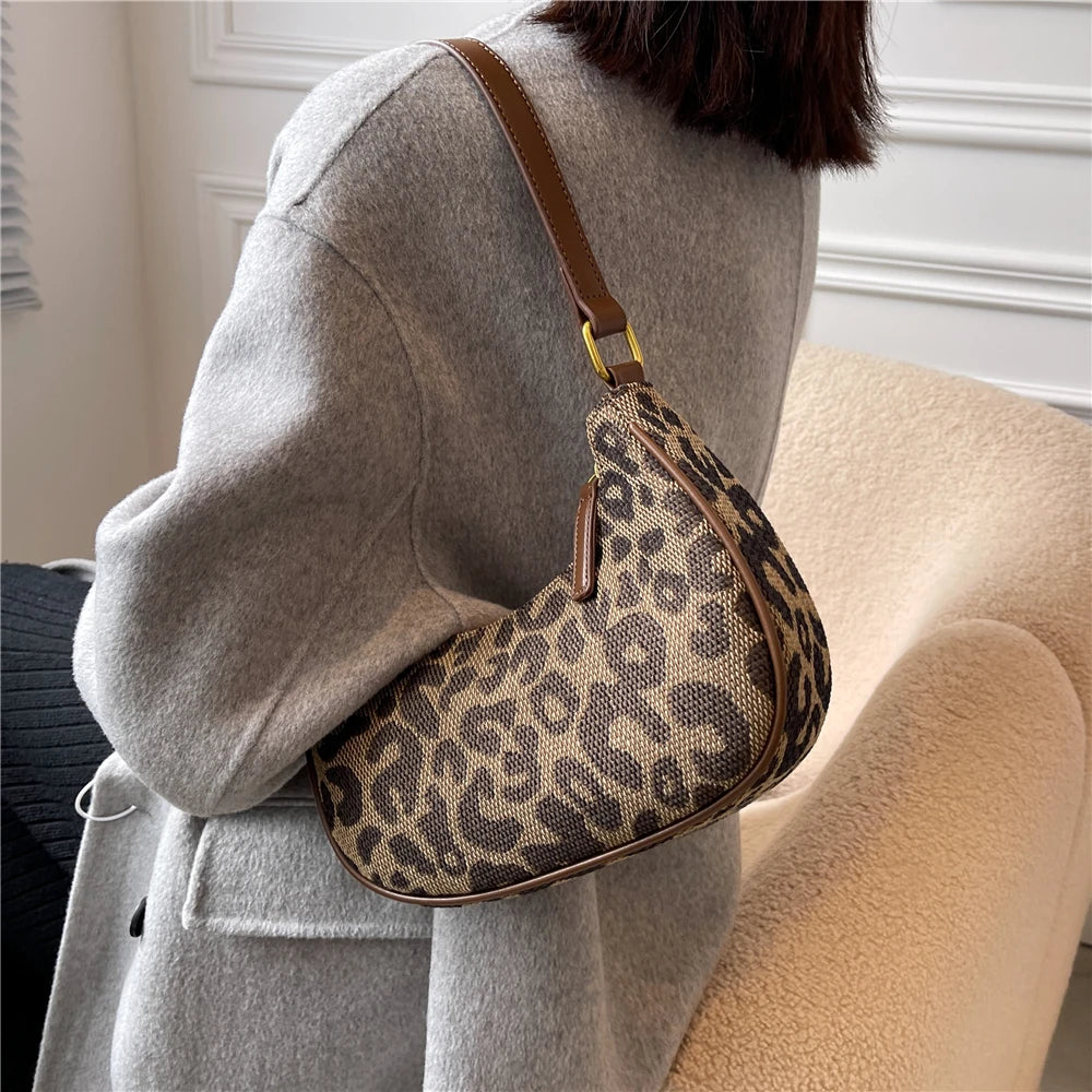 Leopard Print Half Moon Canvas Shoulder Bag for Women