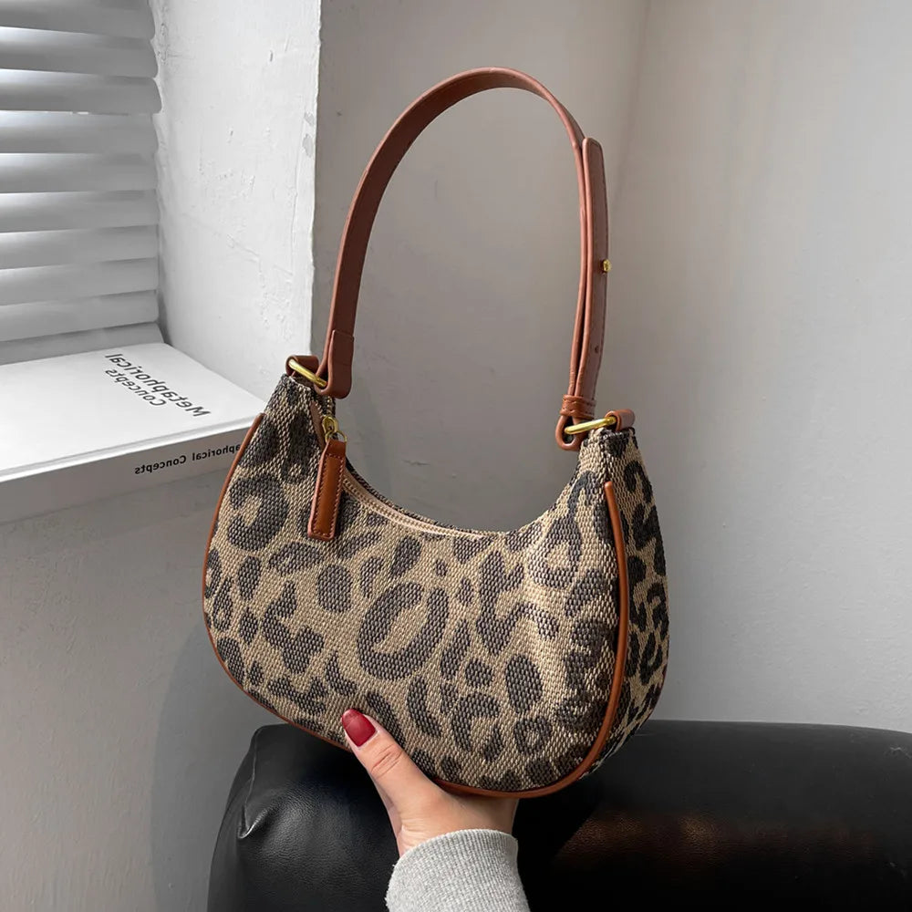 Leopard Print Half Moon Canvas Shoulder Bag for Women