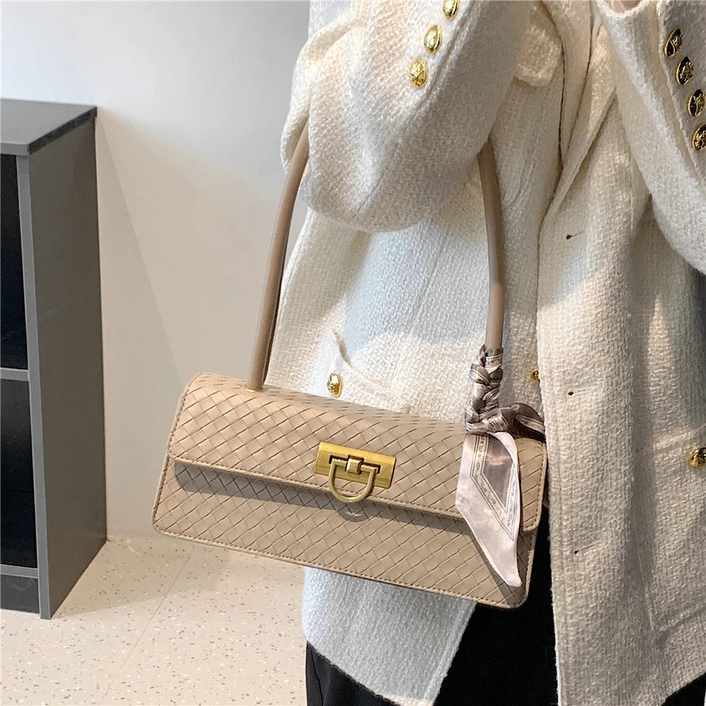 Retro Scarf Shoulder Bags Woven Pattern Flip Lock Handbags