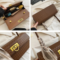 Retro Scarf Shoulder Bags Woven Pattern Flip Lock Handbags
