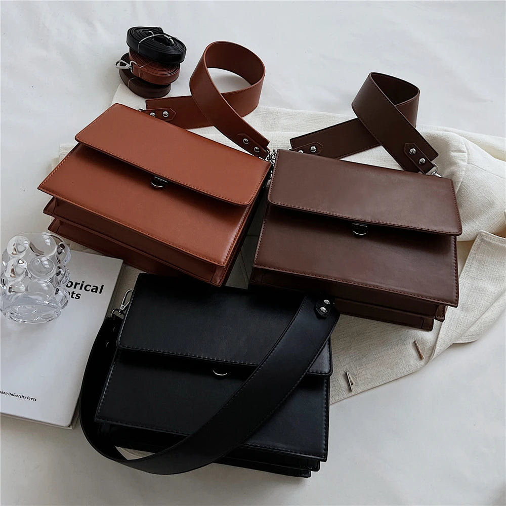 Vintage Wide Strap Underarm Shoulder Bags For Women Push Lock Crossbody Work