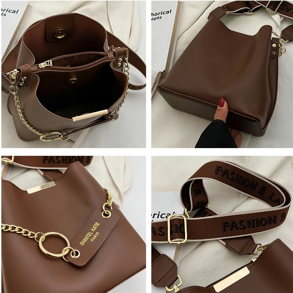 Wide Strap Small Bucket Shoulder Bags For Women Winter Retro Crossbody Purse