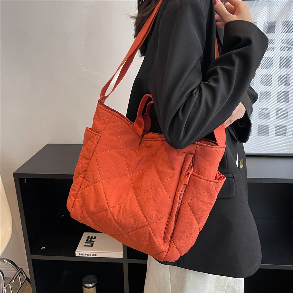 Winter Space Cotton Quilted Large Tote Shoulder Bags For Women