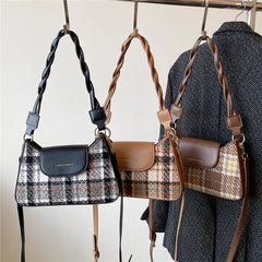 Small Plaid Shoulder Bag Woolen Fabric Winter Crossbody Handbag for Women