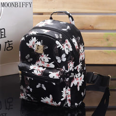 Butterfly Flower Girls Backpack Floral Pattern PU Leather Leisure Backpack