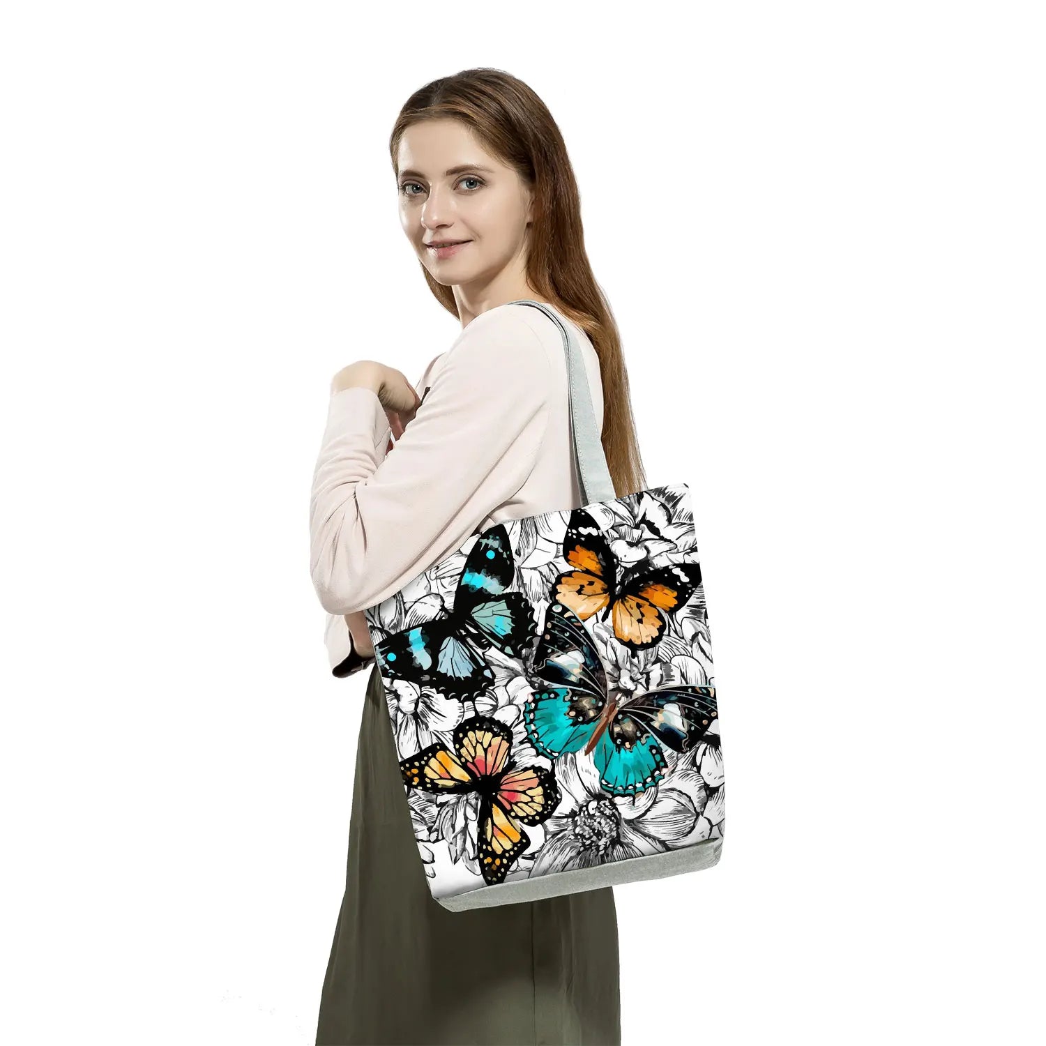Butterfly Printed Cartoon Handbags Classic Floral High Capacity Foldable