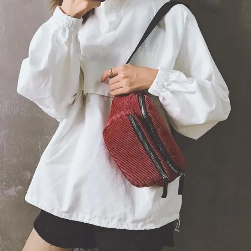 Corduroy Fanny Pack for Women Zipper Belt Bag