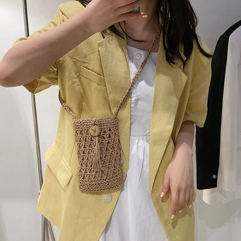 Buylor Summer Beach Bags Straw Crossbody Cell Phone Purse Tassel Shoulder Ba