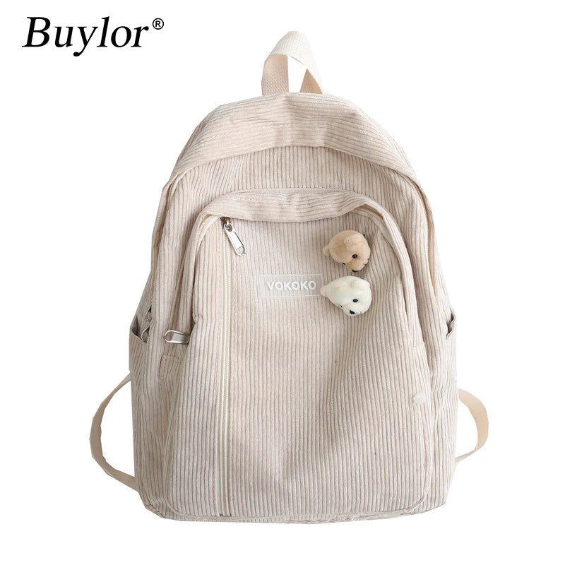 Corduroy Backpack Stripe Schoolbag for Teenager Girls Boys