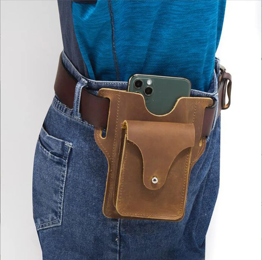 Vintage Men's Leather Mobile Phone Fanny Pack Waist Bag