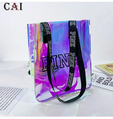 Pink Laser Shoulder Handbag Women Jelly Bag Letter Print Casual Shopping Bag