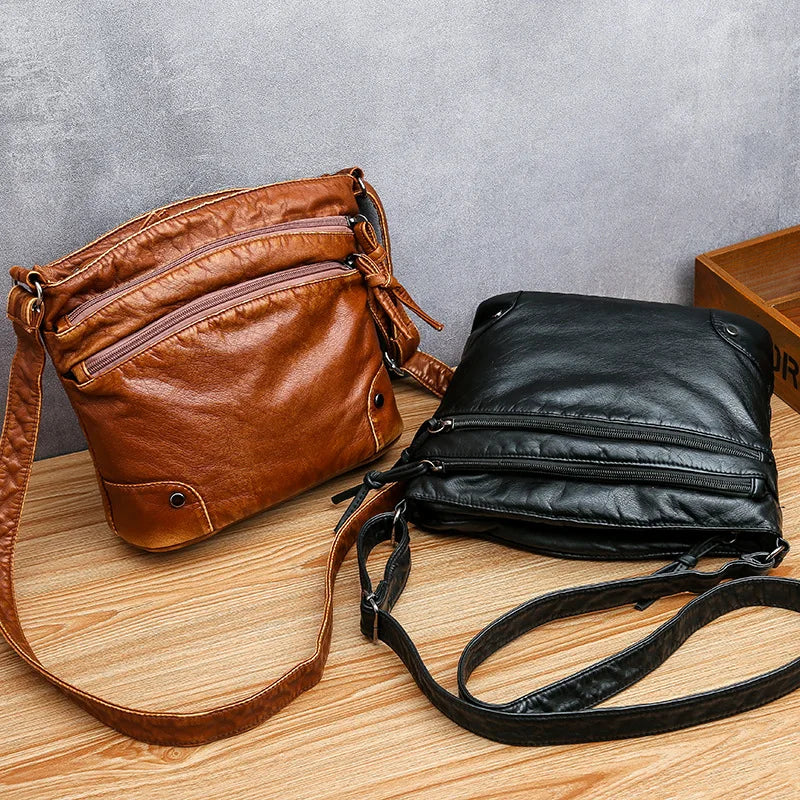 Vintage Women Crossbody Bag Washed Leather Handbags PU Leather Shoulder Bag