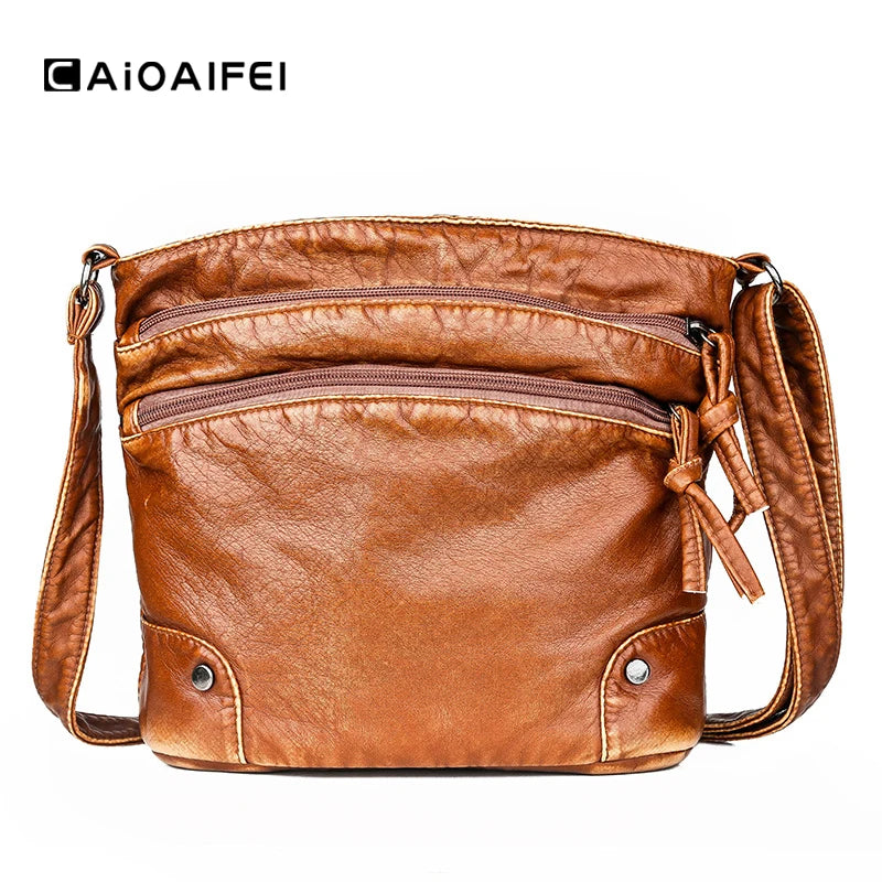 Vintage Women Crossbody Bag Washed Leather Handbags PU Leather Shoulder Bag