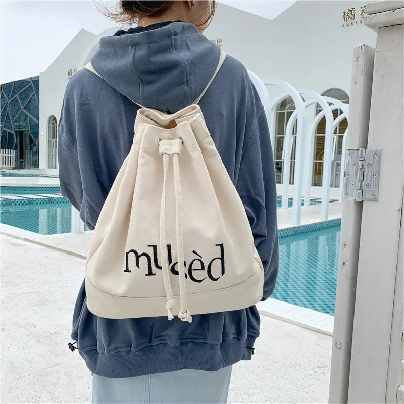 Canvas Women Backpack Letter Printing Backpack Female Retro Drawcord School Bag