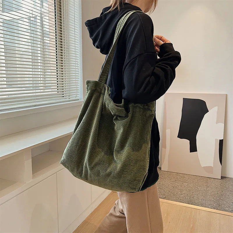 Retro Corduroy Canvas Women Shoulder Bag Large Tote Casual Shopper Handbag