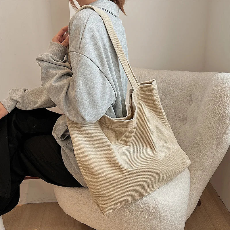 Retro Corduroy Canvas Women Shoulder Bag Large Tote Casual Shopper Handbag