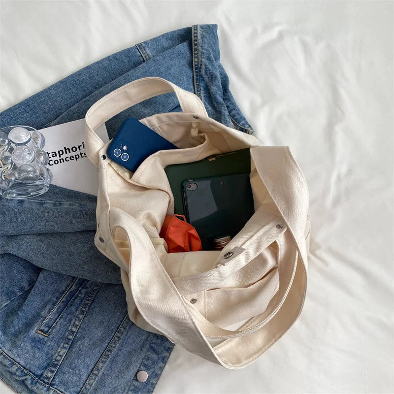 Solid Women Canvas Shoulder Bag Large Capacity Handbags Casual Tote Bag