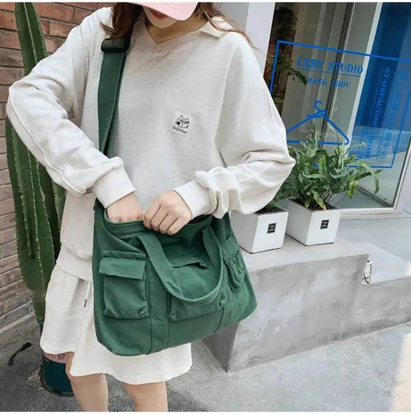 Solid Canvas Shoulder Bag Large Capacity Crossbody Handbags for Women