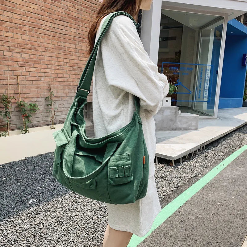 Solid Canvas Shoulder Bag Large Capacity Crossbody Handbags for Women