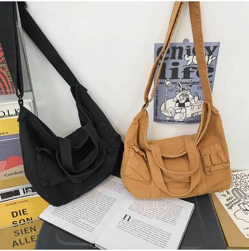 Solid Canvas Shoulder Bag Large Capacity Crossbody Handbags for Women