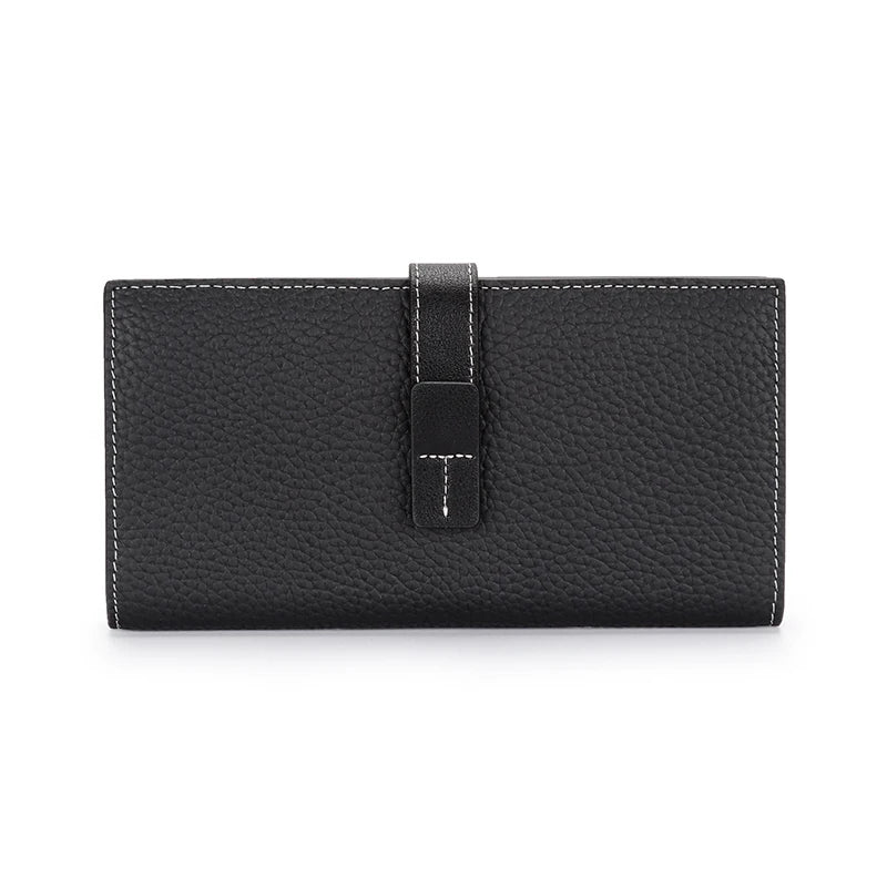 Cowhide Leather Zipper Purse Drawstring Long Wallet for Women