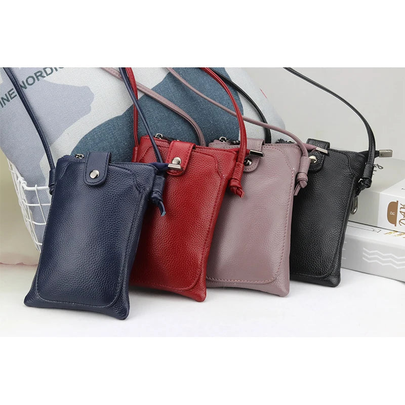 Cowhide Leather Women Messenger Bag Ladies Small Mobile Phone Bag