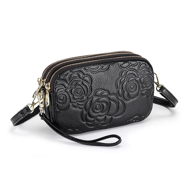 Leather Messenger Bag Female Three Zipper Embossing Flower Small Bag