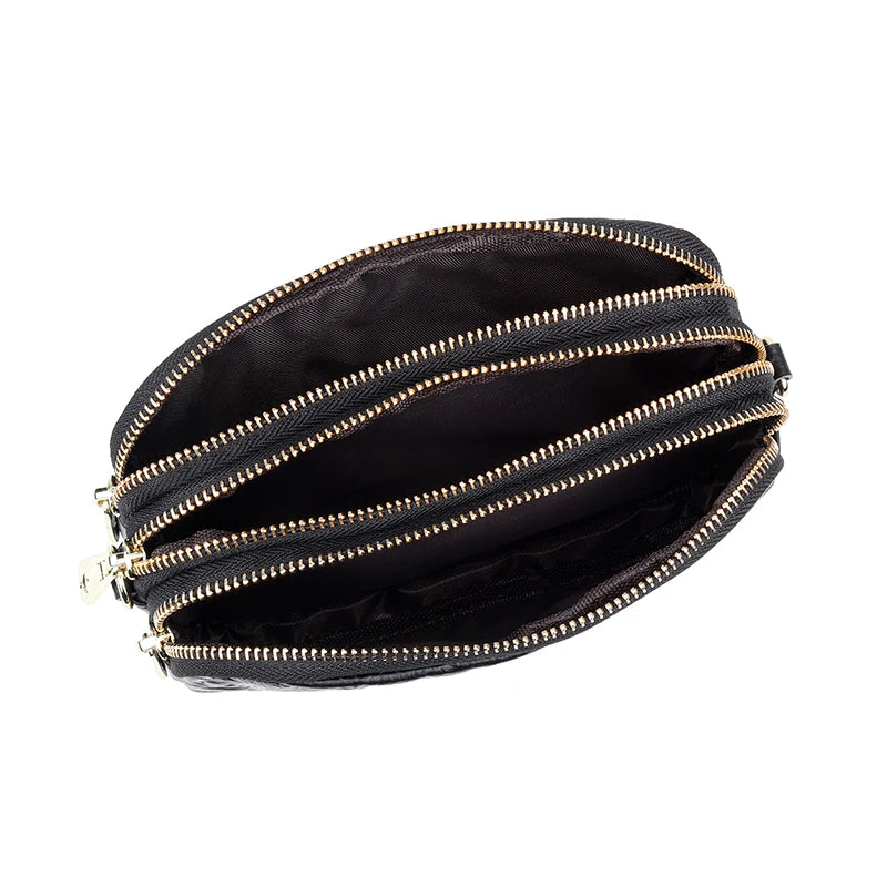 Leather Messenger Bag Female Three Zipper Embossing Flower Small Bag