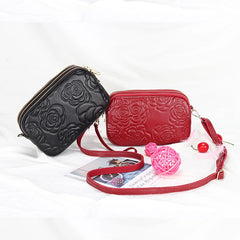 Leather Messenger Bag Female Three Zipper Embossing Flower Small Bag
