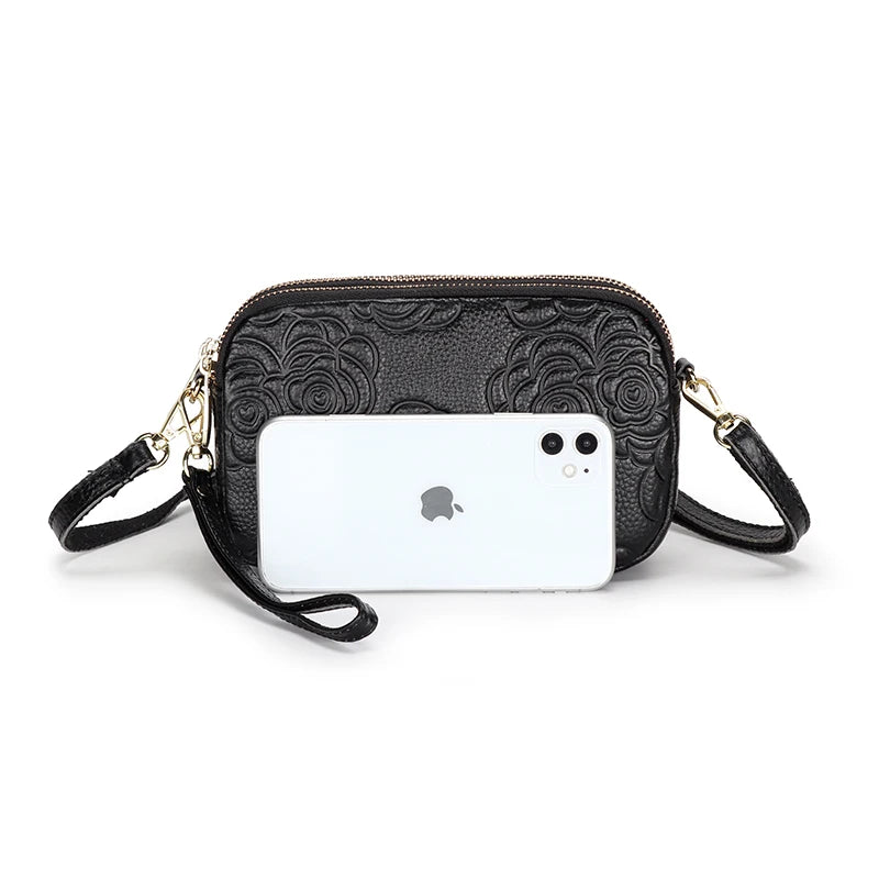 Leather Messenger Bag Female Three Zipper Embossing Flower Small Bag
