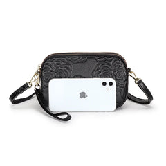 Leather Messenger Bag Female Three Zipper Embossing Flower Small Bag
