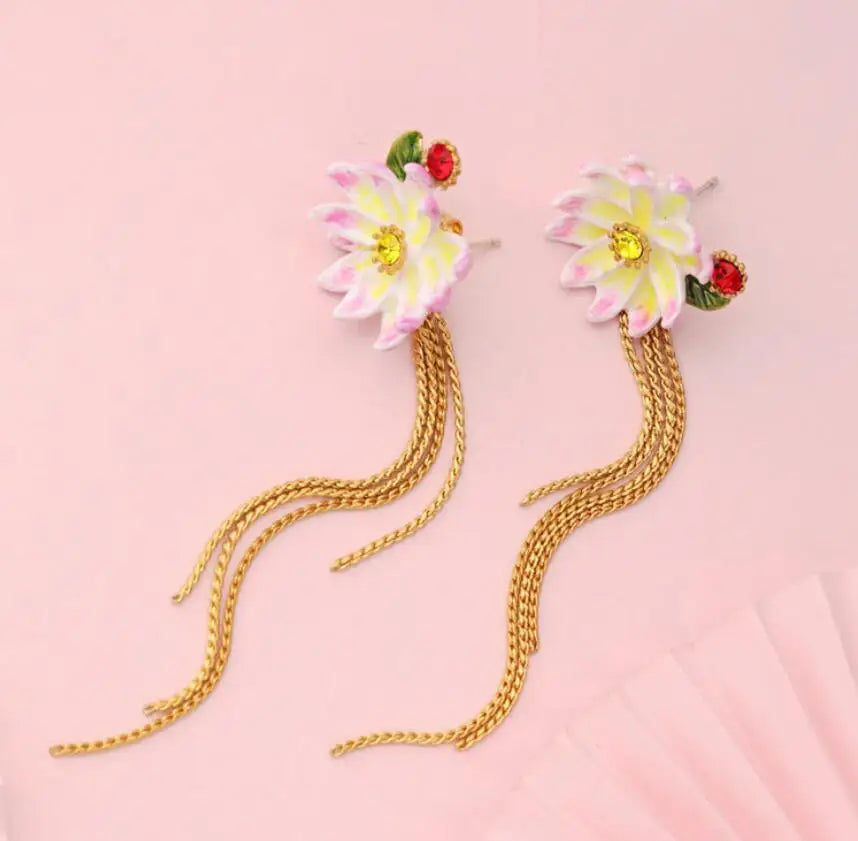 Enamel Glaze Flower Tassel Earrings