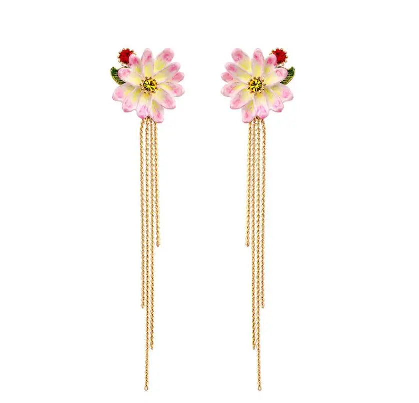 Enamel Glaze Flower Tassel Earrings