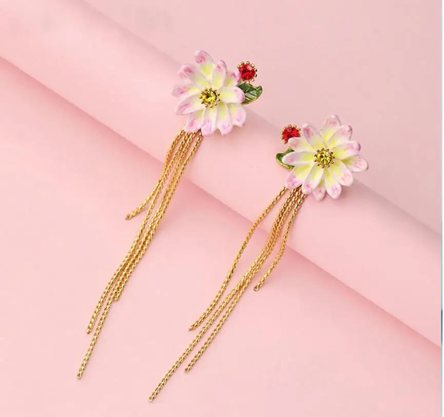 Enamel Glaze Flower Tassel Earrings
